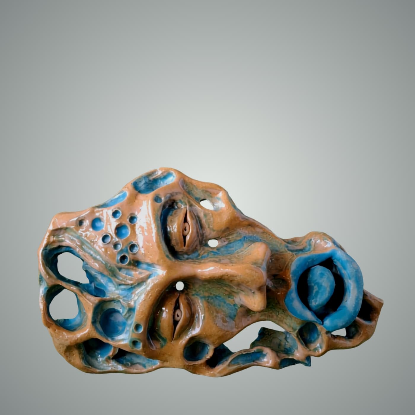 Handbuilt stoneware wall piece, 24x14cm. A nature spirit and guardian - intuitive ceramic sculpture with blue glaze by ceramist Przemyslaw Golebiewski, Berlin. One of a kind.
