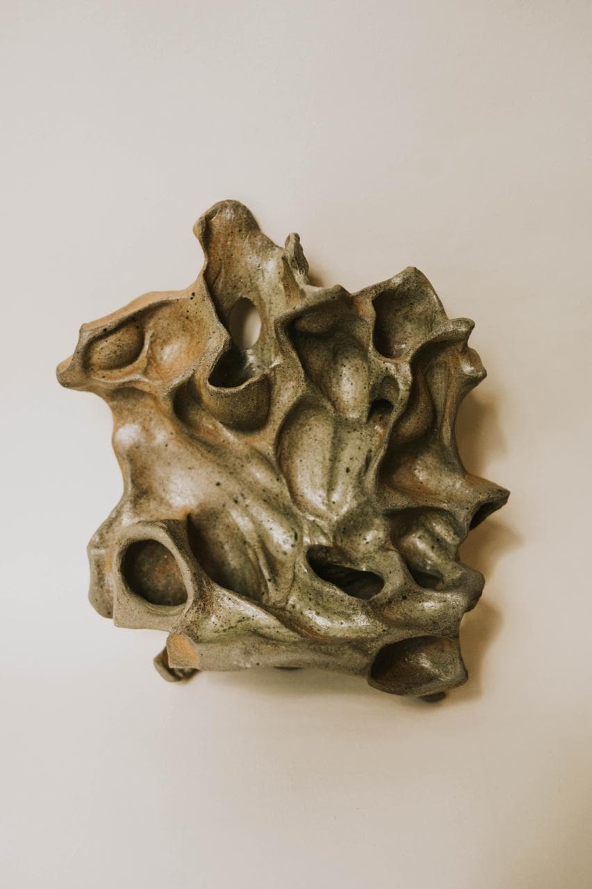 Handbuilt stoneware wall sculpture fired in a wood kiln without glaze. Ash and flame finish. Unique piece by ceramist Przemyslaw Golebiewski, Berlin. Air plant compatible.