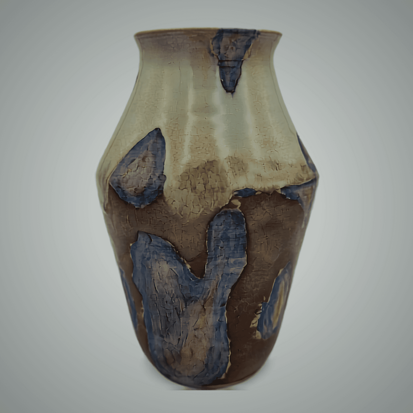 Wheel-thrown stoneware vase with layered mineral glazes - blue, cream and rust tones interacting during firing. One of a kind by ceramist Przemyslaw Golebiewski, Berlin.